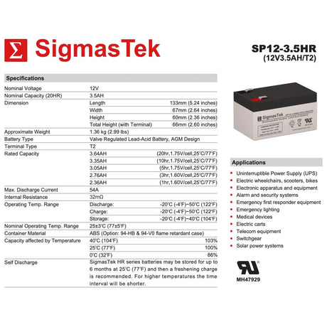 12 Volt 3.5 Amp F2 High Rate High Performance Compatible Replacement Sealed Lead Acid Battery