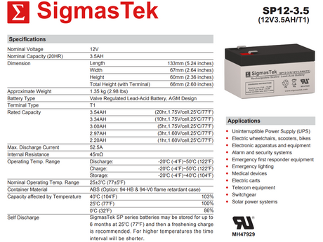 12 Volt 3.5 Amp High Performance Security Alarm Replacement Battery