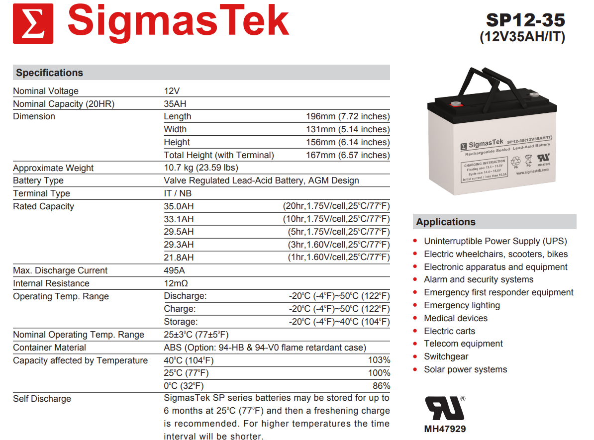 UPG UPG-45976 12V 35Ah Solar AGM SLA Compatible Replacement Battery