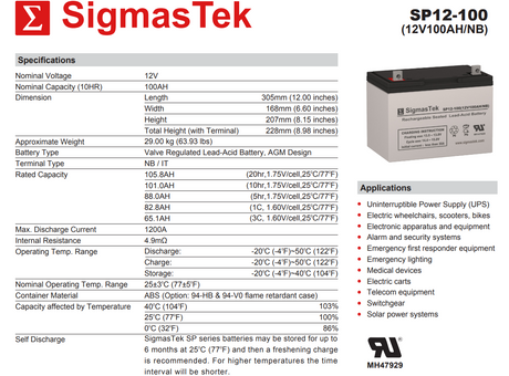 REC SOLAR High Performance 12V 100Ah Solar AGM SLA Replacement Battery