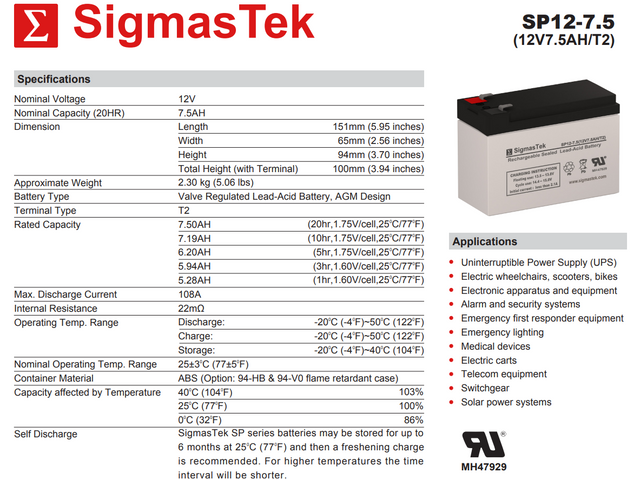 Rhino SLA7-12-T25 High Performance 12V 7AH Replacement Battery