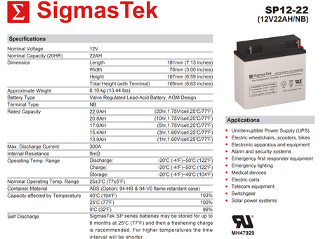 12 Volt 22 Amp NB High Rate High Performance Compatible Replacement Sealed Lead Acid Battery