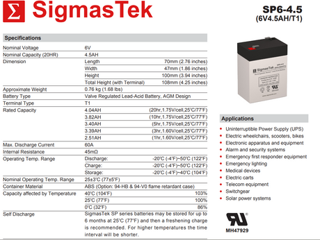 SigmasTek UB645/ELB06042/YT-645/PS-640/3FM4.5 Compatible Replacement Battery Set - Pack of 6