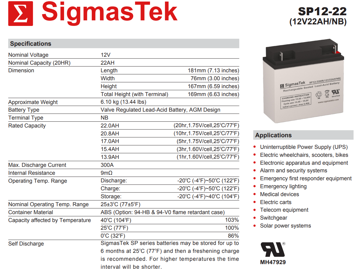 12V 22Ah NB High-Rate Sealed Lead Acid High Performance Replacement Battery