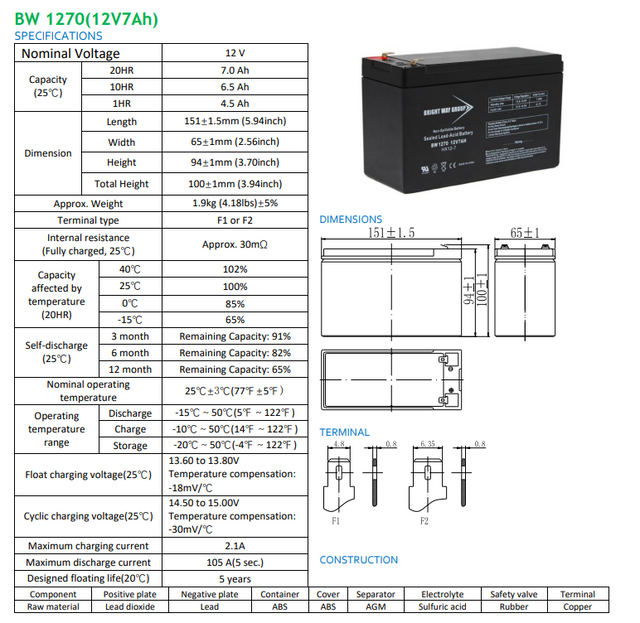 Para Systems UB1272 (40760) High Performance Replacement Battery By Bright Way