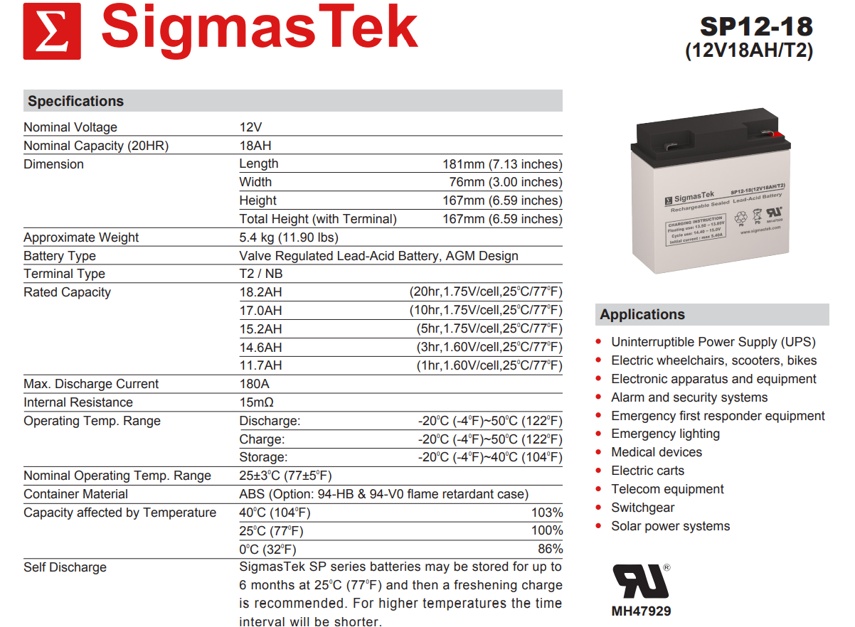 Sunnyway SW12180-F2 High Performance Replacement Battery