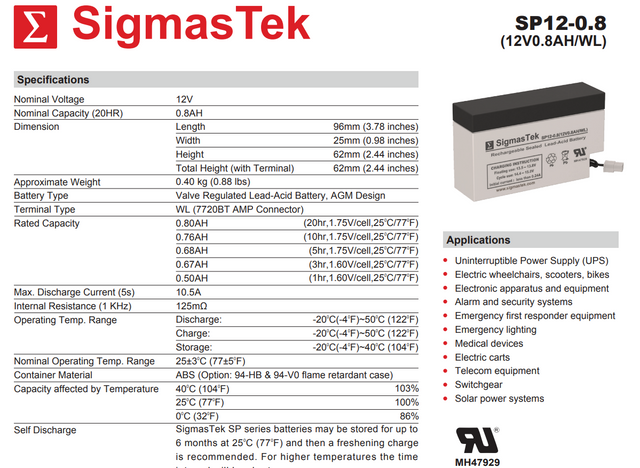 12V 0.8Ah Alarm High Performance Replacement Battery