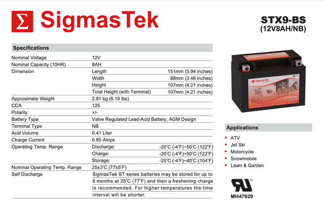 Kawasaki KSF400-A (KFX400) 400CC 2003-2006 High Performance Replacement Battery