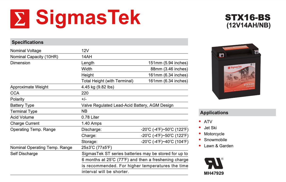 Scorpion YTX16-BS High Performance Replacement Battery