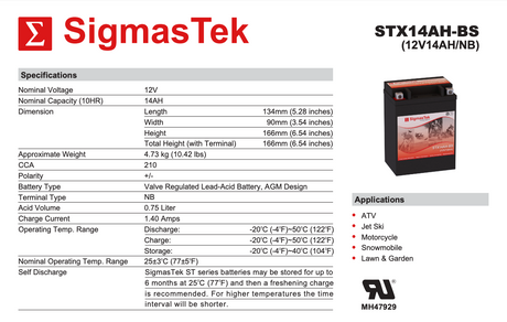 STX14AH-BS Compatible Replacement Battery for Indian Scout / Bobber (2016-2021) 12V 14Ah