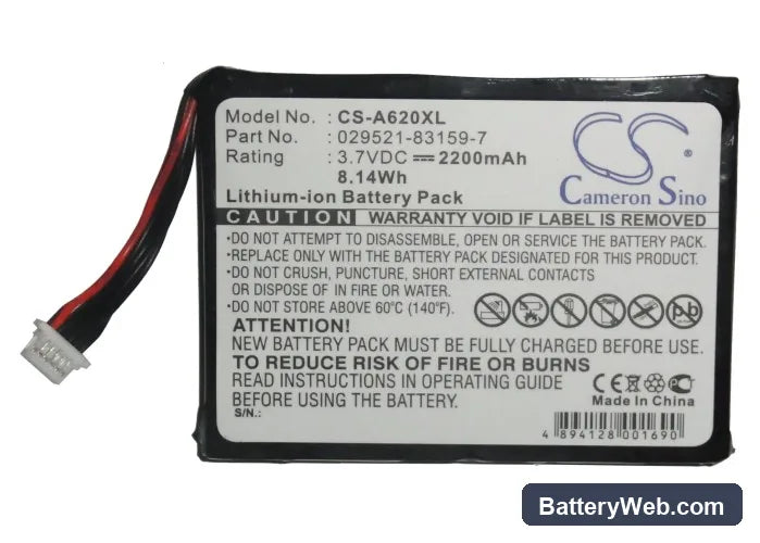 Asus Mypal A620 Replacement Battery, 3.7V, 2200mAh, Li-ion 5