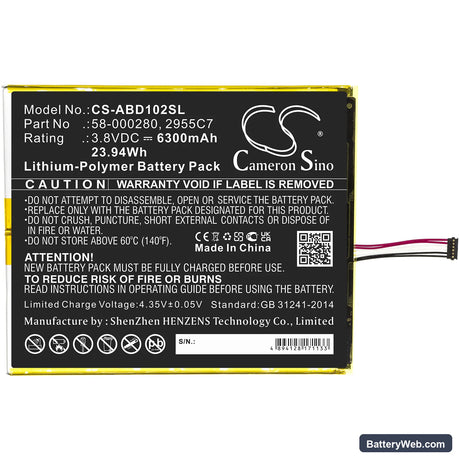Amazon Kindle Fire HD 10.1 9th Replacement Battery, 3.8V, 6300mAh, Li-Polymer 3