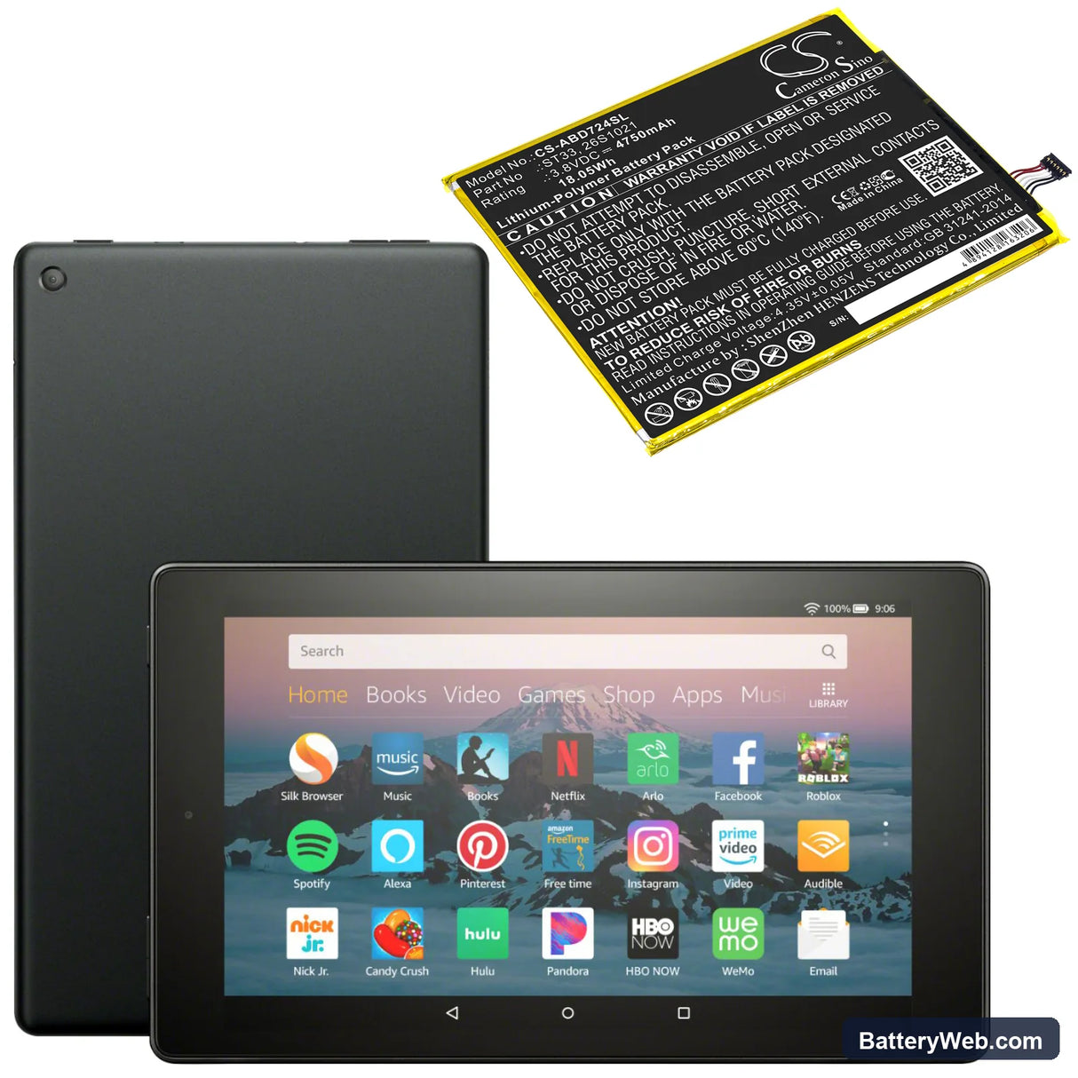 Amazon Kindle Fire HD 8th Replacement Battery, 3.8V, 4750mAh, Li-Polymer 5