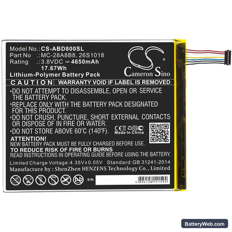 Amazon Kindle Fire HD 8 Replacement Battery, 3.8V, 4650mAh, Li-Polymer 3