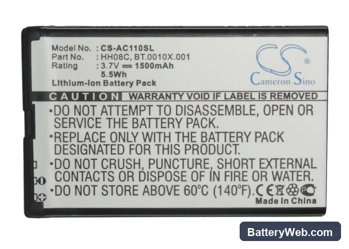 Acer beTouch E110 Replacement Battery, 3.7V, 1500mAh, Li-ion 5