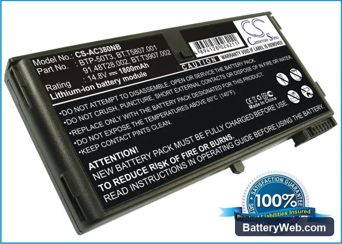 Acer TravelMate 372TMi Replacement Battery, 14.8V, 1800mAh, Li-ion 1