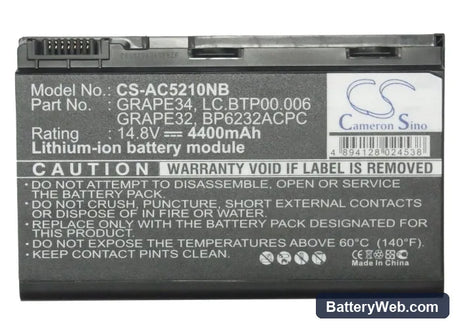 Acer TravelMate 5310-400508Mi Replacement Battery, 14.8V, 4400mAh, Li-ion 5