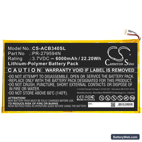 Acer Iconia One 10 B3-A40 Replacement Battery, 3.7V, 6000mAh, Li-Polymer 3