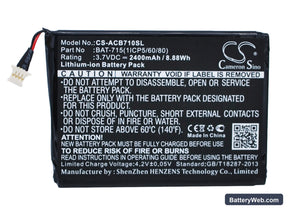 Acer Iconia Tab B1 Replacement Battery, 3.7V, 2400mAh, Li-ion 1