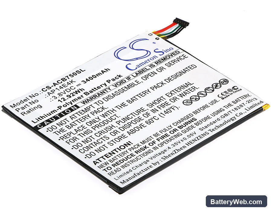 Acer Iconia One 7 B1-750 Replacement Battery, 3.8V, 3400mAh, Li-Polymer 1