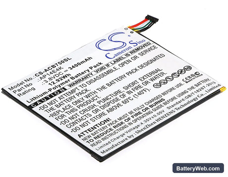 Acer Iconia One 7 B1-750 Replacement Battery, 3.8V, 3400mAh, Li-Polymer 1