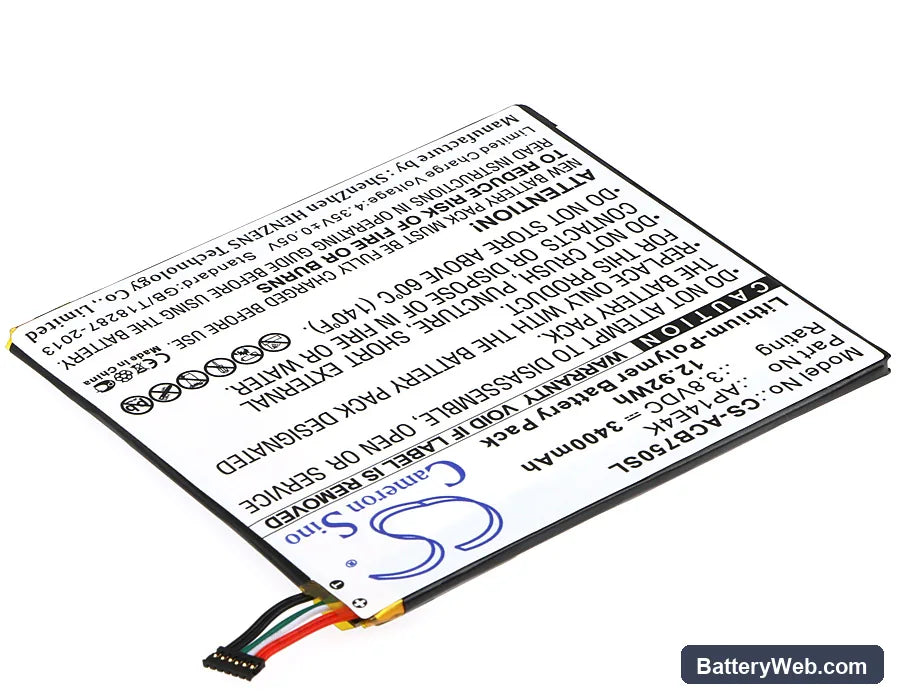 Acer Iconia One 7 B1-750 Replacement Battery, 3.8V, 3400mAh, Li-Polymer 2