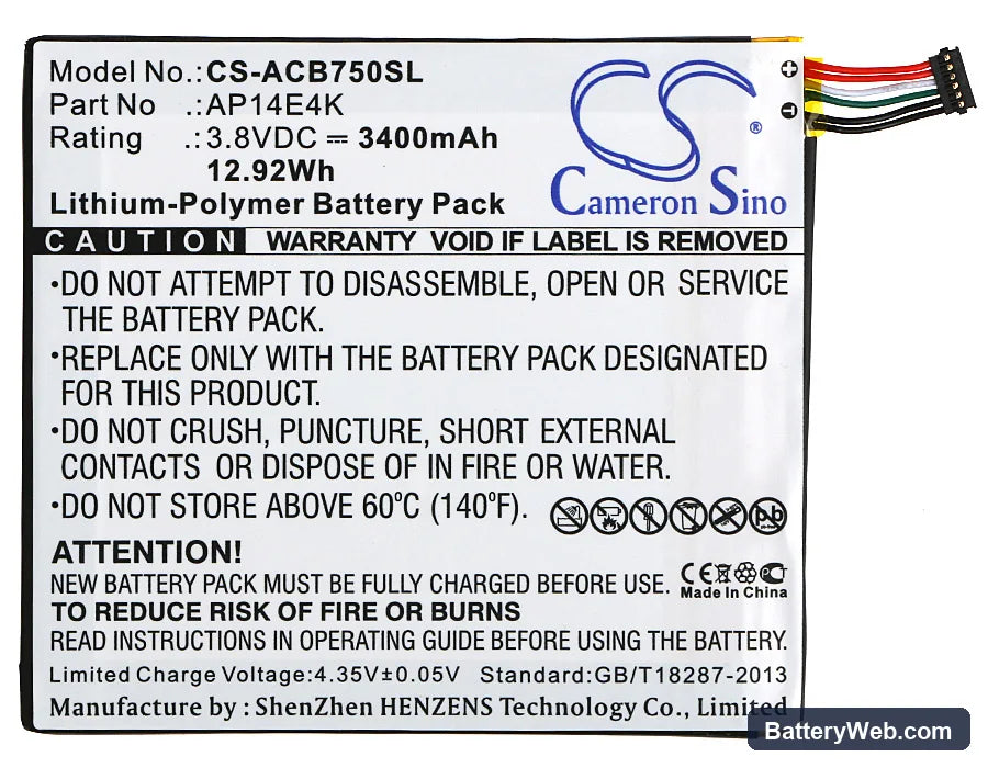 Acer Iconia One 7 B1-750 Replacement Battery, 3.8V, 3400mAh, Li-Polymer 5