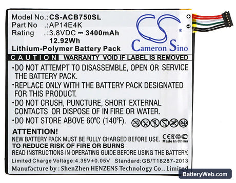 Acer Iconia One 7 B1-750 Replacement Battery, 3.8V, 3400mAh, Li-Polymer 5