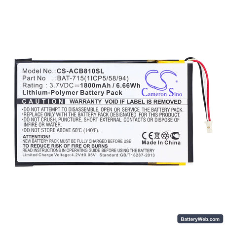 Acer B1-A71 Replacement Battery, 3.7V, 1800mAh, Li-Polymer 3
