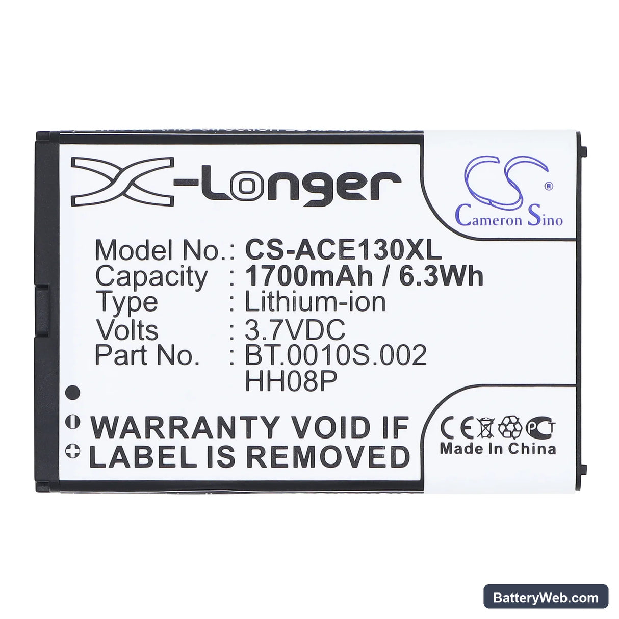 Acer beTouch E130 Replacement Battery, 3.7V, 1700mAh, Li-ion 5