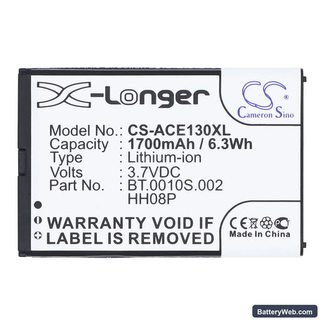 Acer beTouch E130 Replacement Battery, 3.7V, 1700mAh, Li-ion 5