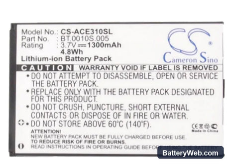 Acer Liquid Mini Replacement Battery, 3.7V, 1300mAh, Li-ion 5