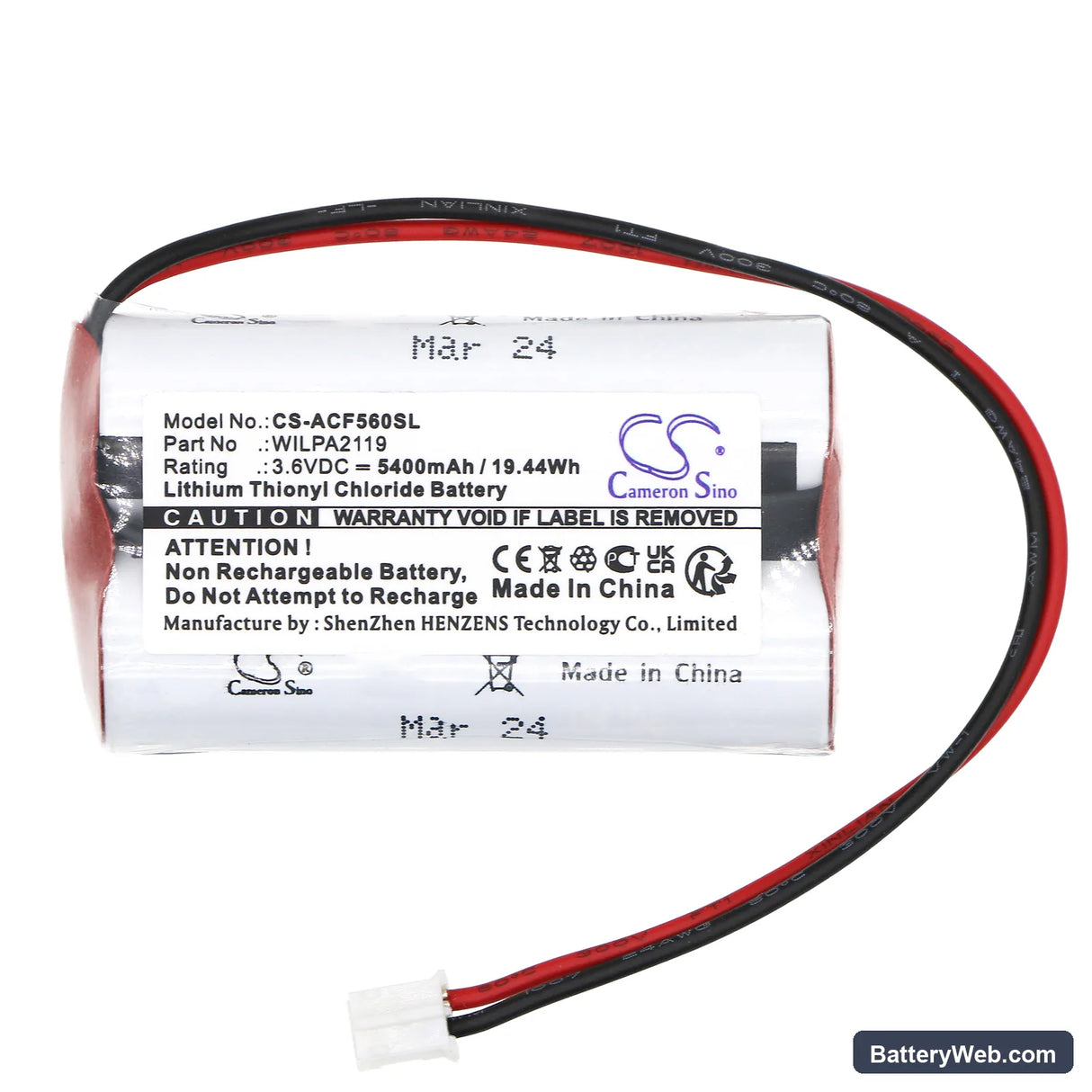 Actaris CF560 Replacement Battery, 3.6V, 5400mAh, Li-SOCl2 3