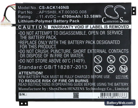 Acer Aspire One Cloudbook 14 Replacement Battery, 11.4V, 4700mAh, Li-Polymer 5