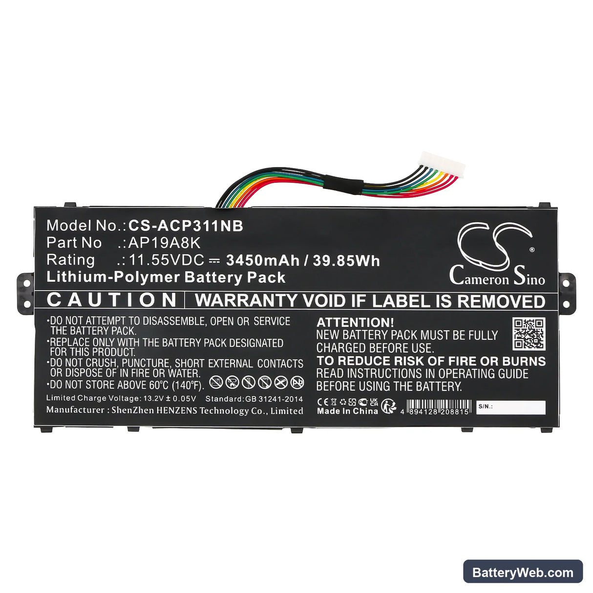 Acer Chromebook Spin 11 CP311-1HN-C3E3 Replacement Battery, 11.55V, 3450mAh, Li-Polymer 3