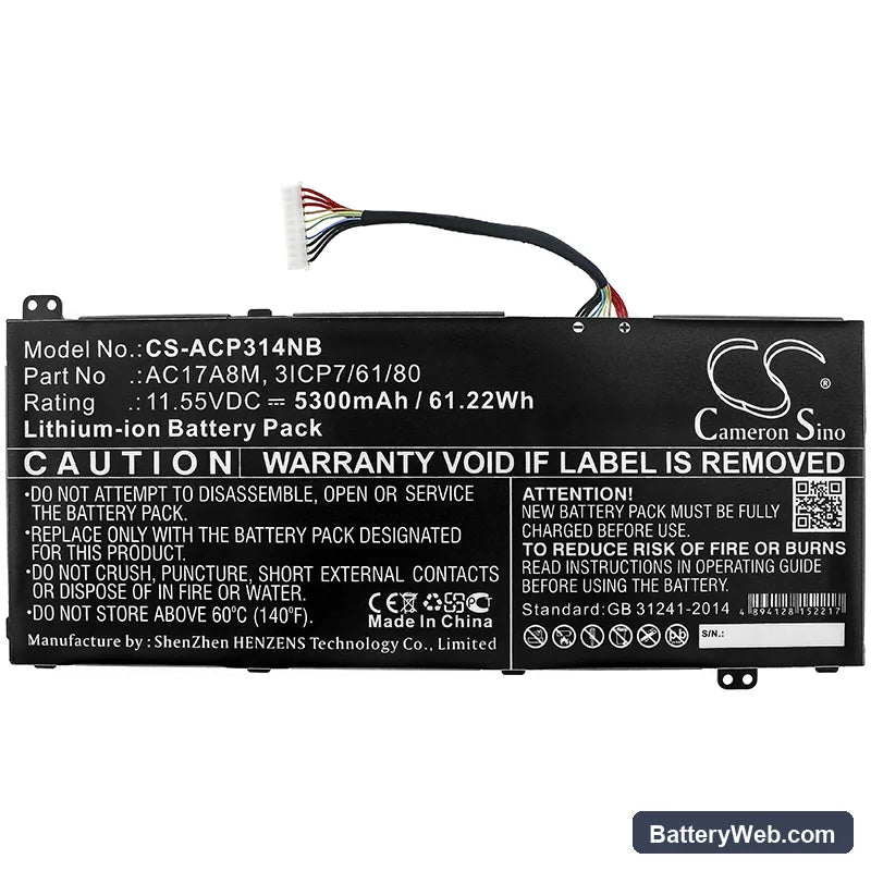 Acer Spin 3 SP314-52-599W Replacement Battery, 11.55V, 5300mAh, Li-ion 3