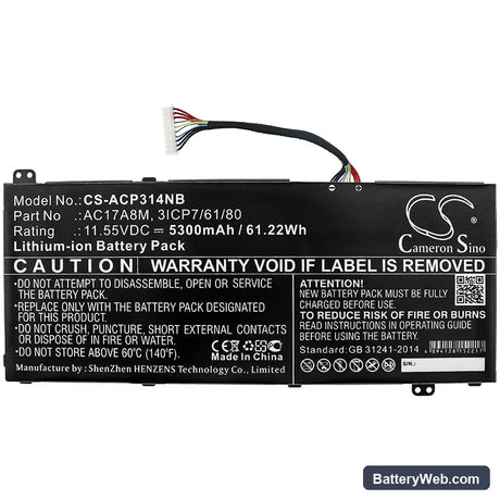 Acer Spin 3 SP314-52-599W Replacement Battery, 11.55V, 5300mAh, Li-ion 3