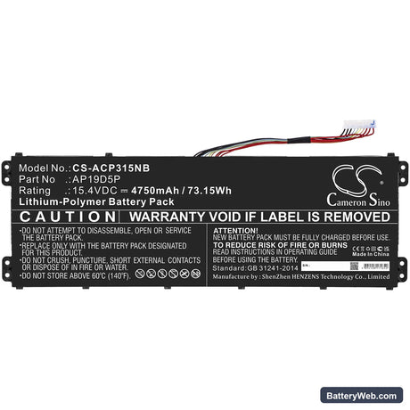 Acer Conceptd 3 Cn315-72g-70p5 Replacement Battery, 15.4V, 4750mAh, Li-Polymer 3
