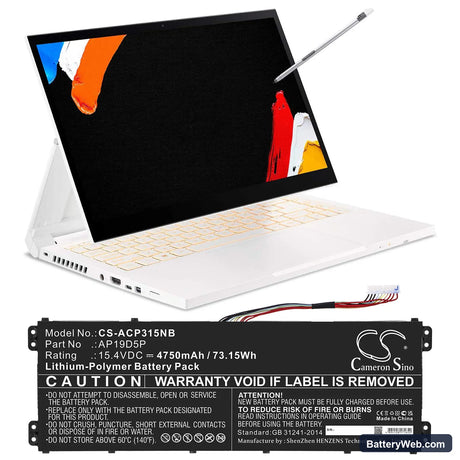 Acer Conceptd 3 Cn315-72g-70p5 Replacement Battery, 15.4V, 4750mAh, Li-Polymer 5
