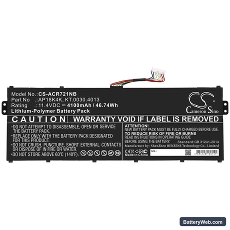 Acer Chromebook 311 C721 R721T Replacement Battery, 11.4V, 4100mAh, Li-Polymer 3