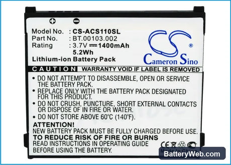 Acer Liquid S110 Replacement Battery, 3.7V, 1400mAh, Li-ion 5