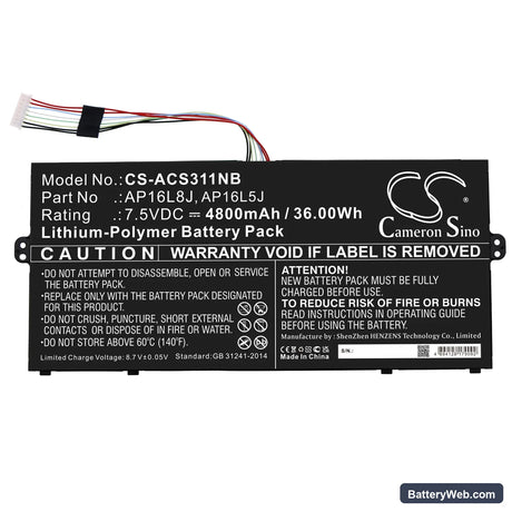 Acer Chromebook Spin 311 CP311-3H-K2RJ Replacement Battery, 7.5V, 4800mAh, Li-Polymer 3