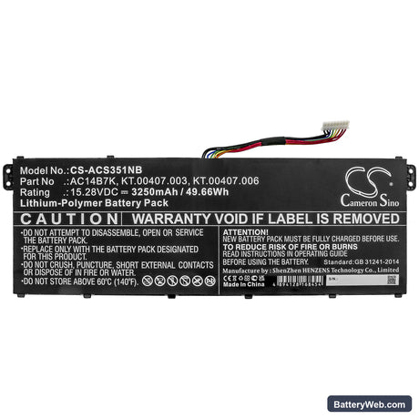 Acer Spin 5 SP515-51GN-84KQ Replacement Battery, 15.28V, 3250mAh, Li-Polymer 3
