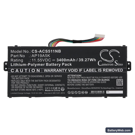 Acer Chromebook Spin 511 R752T-C3M5 Replacement Battery, 11.55V, 3400mAh, Li-Polymer 3