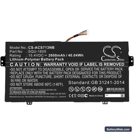 Acer SF713-51-M0AK Replacement Battery, 15.4V, 2600mAh, Li-Polymer 3