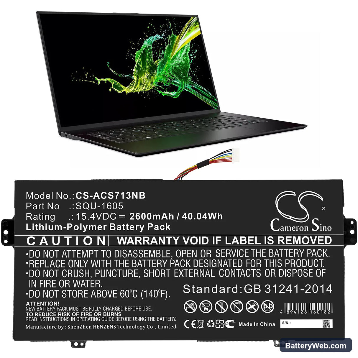 Acer SF713-51-M0AK Replacement Battery, 15.4V, 2600mAh, Li-Polymer 5
