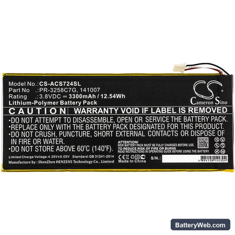 Acer Iconia Talk S Replacement Battery, 3.8V, 3300mAh, Li-Polymer 3