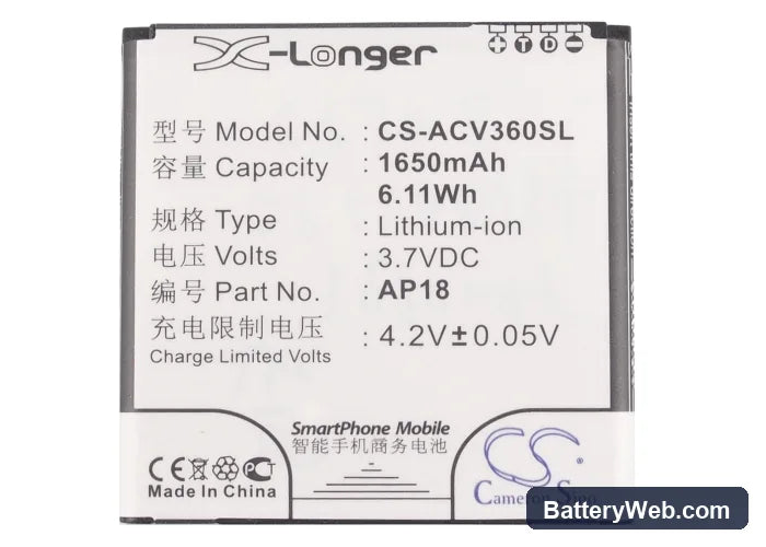 Acer Liquid E1 Replacement Battery, 3.7V, 1650mAh, Li-ion 5