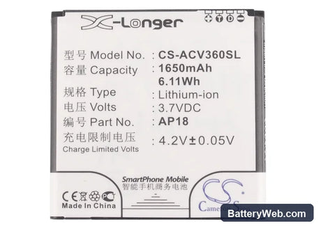 Acer Liquid E1 Replacement Battery, 3.7V, 1650mAh, Li-ion 5
