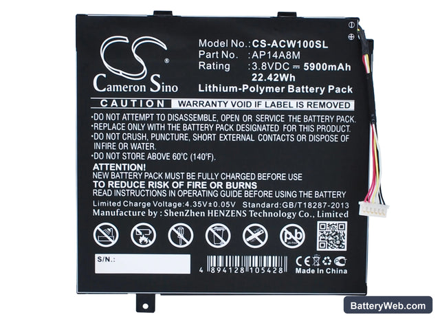 Acer Iconia Tab 10 A3-A20 Replacement Battery, 3.8V, 5900mAh, Li-Polymer 1